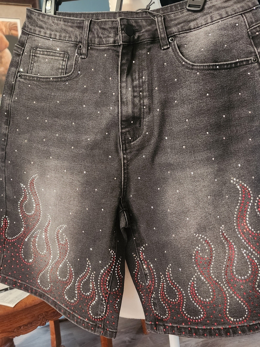 Men's Black Denim Shorts with Red Flame Stud Detailing Sz 32 Nw/o Tags